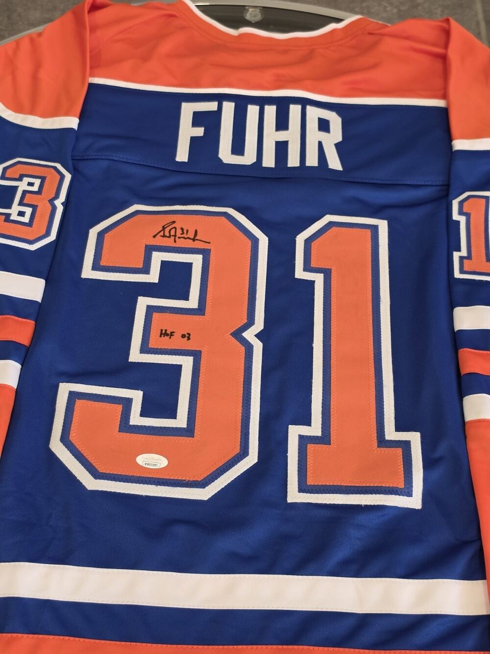 Grant Fuhr Autographed/Signed Jersey JSA Sticker Blue Custom Jersey